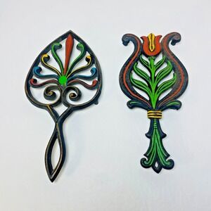 Set of 2 Cast Iron Wilton Tulip Heart Trivet Feet Wall Hanging Hand Painted VTG